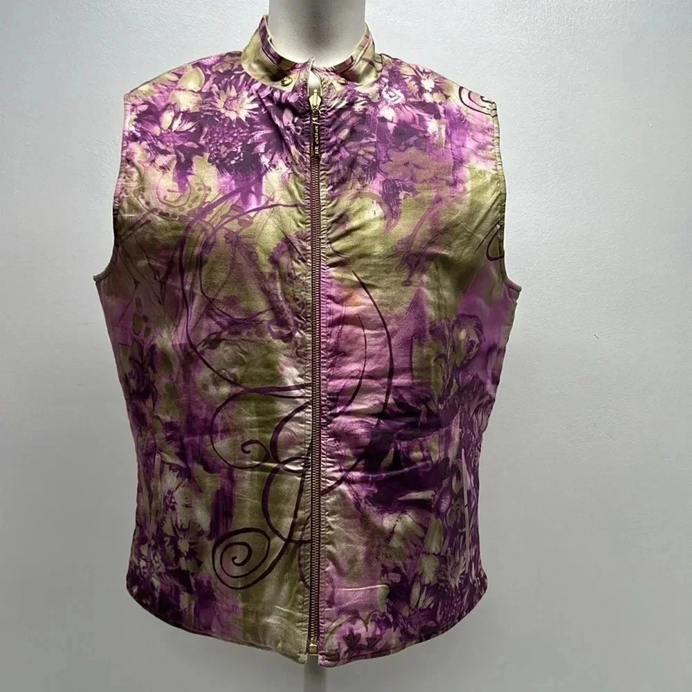 St John Sport Vest Sleeveless Reversible Floral Cotton Cream Purple Size L Large